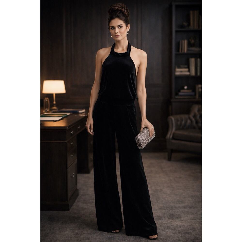 1. State NWT Black Velour Halter Neck Jumpsuit Jacquard Wide Leg Sz 4 Office